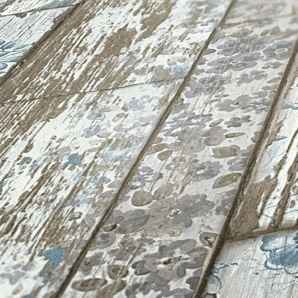             Landhuisbehang plankenlook met vintage bloemenprint - blauw, bruin, grijs
        