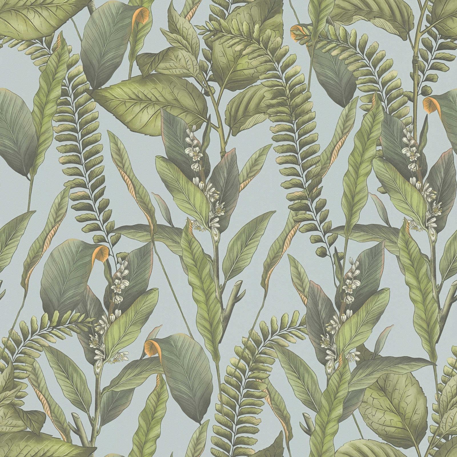 Floral wallpaper in jungle style with leaves & flowers textured matt - blue, green, orange

