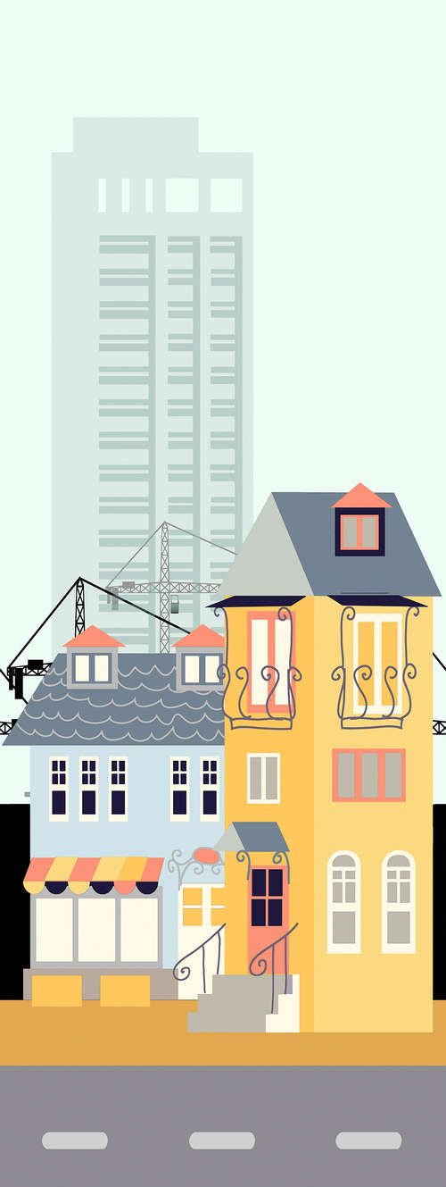             Stadsmuurschildering met flatgebouwen en wolkenkrabber op premium gladde non-woven stof
        