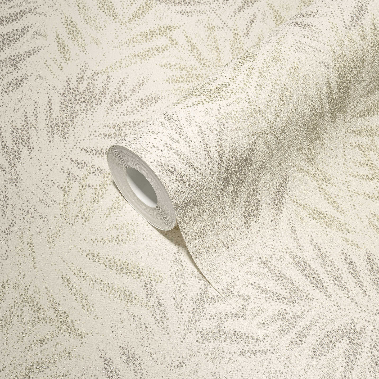             Papel pintado no tejido con motivo de hojas brillantes - blanco, gris, plata
        