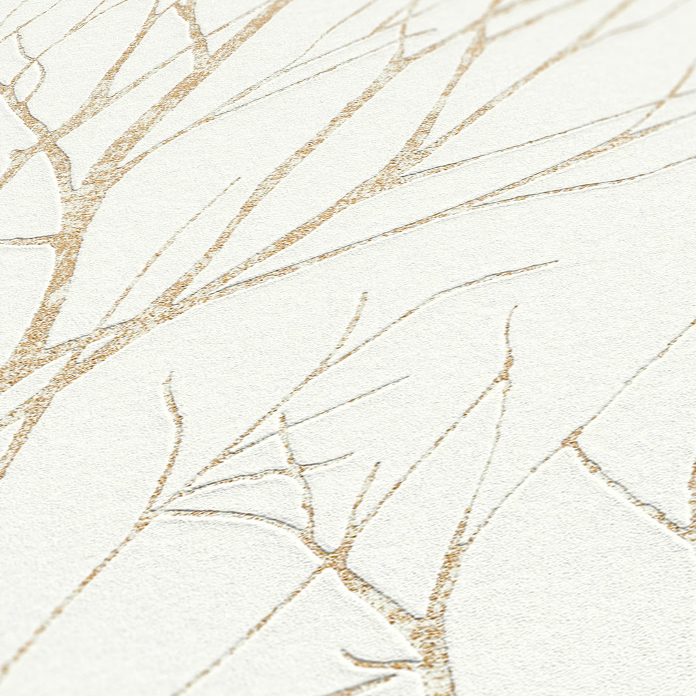             Papel pintado no tejido con motivo de árbol y efecto metálico - beige, crema, metálico
        