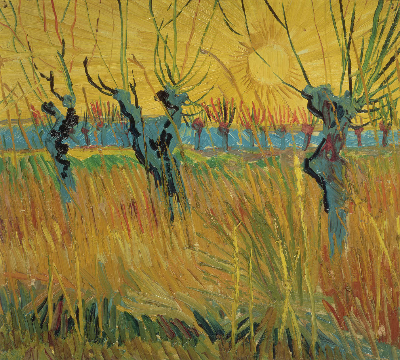             Vincent van Gogh "Wilgen bij zonsondergang" muurschildering
        