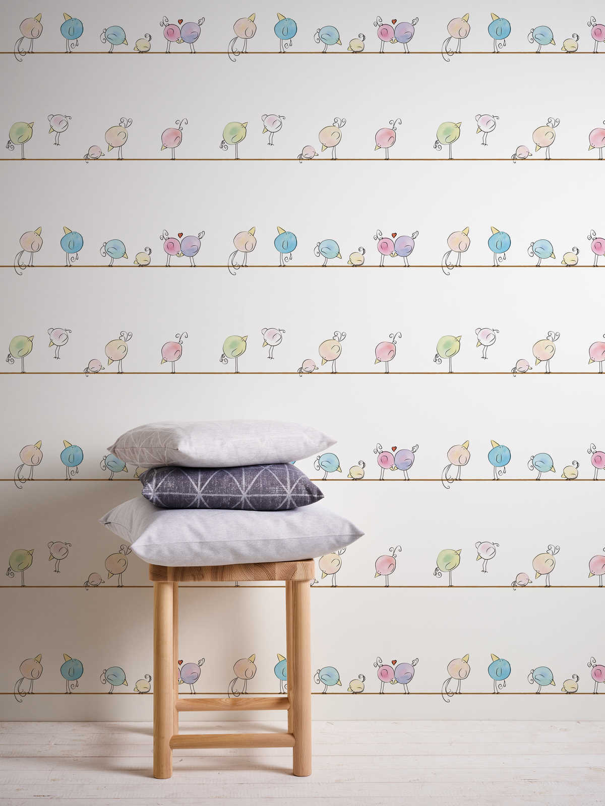             Papel pintado de habitación infantil acuarela y pájaros - colorido, blanco, azul
        