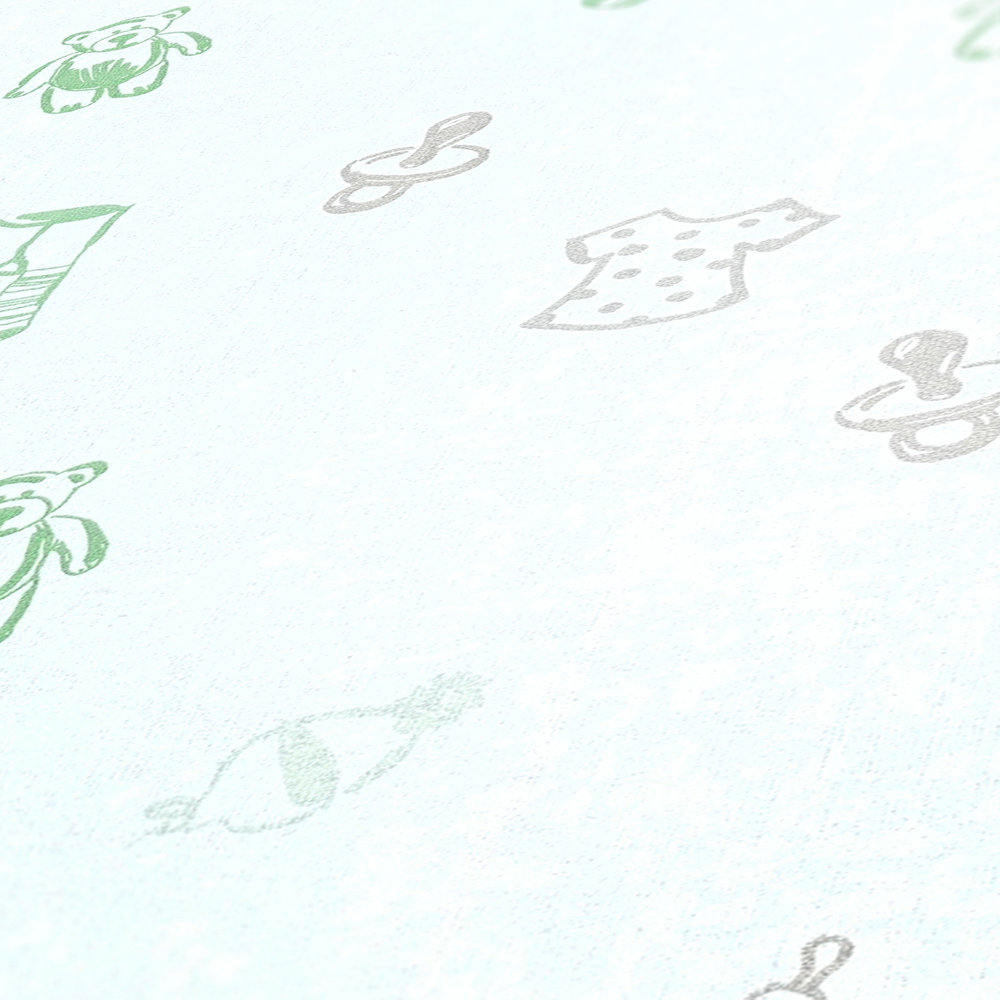             Adorable papier peint pour chambre de bébé avec motif enfant - blanc, vert
        