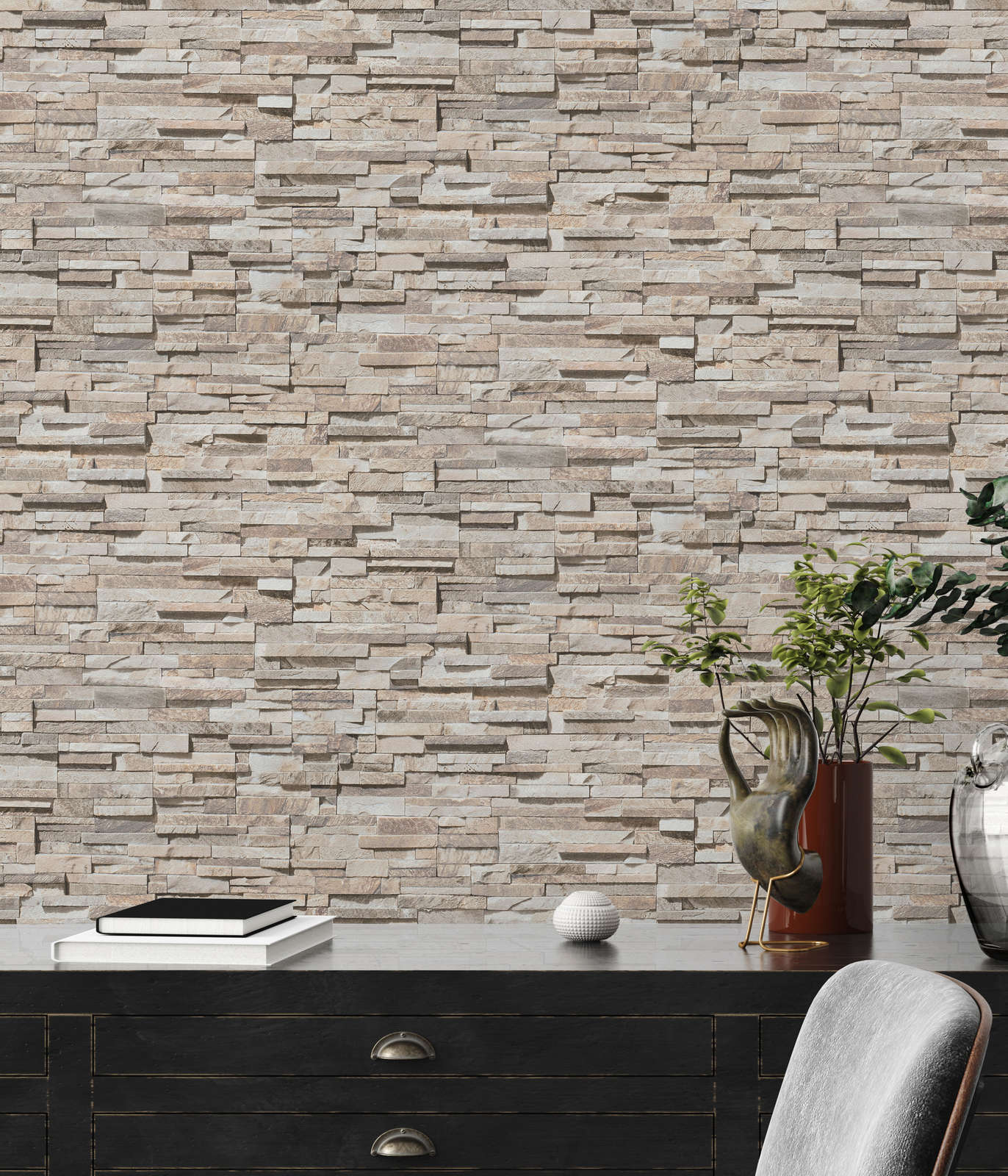             Licht glanzend vliesbehang met stenen muur-look - beige, bruin
        