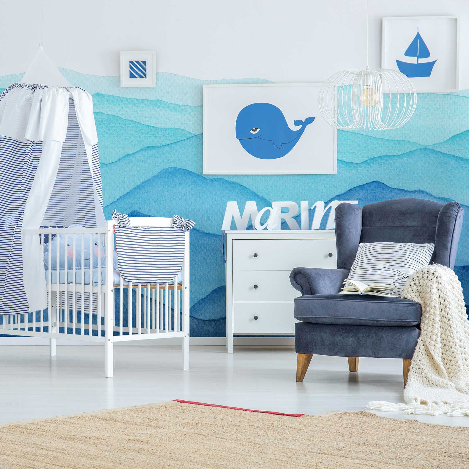Sea with waves in watercolour mural - Smooth & slightly glossy non-woven
