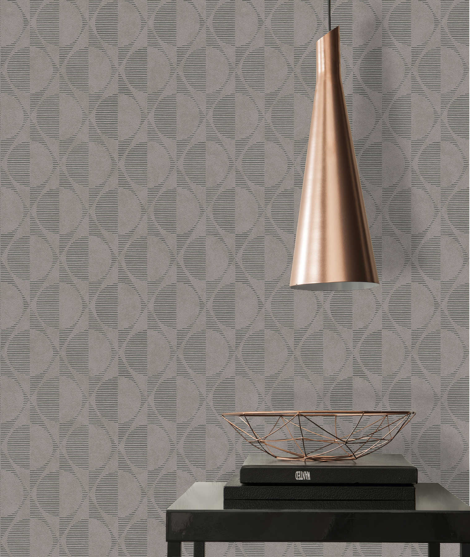             Retro wallpaper with circle and diamond pattern - grey, beige, black
        