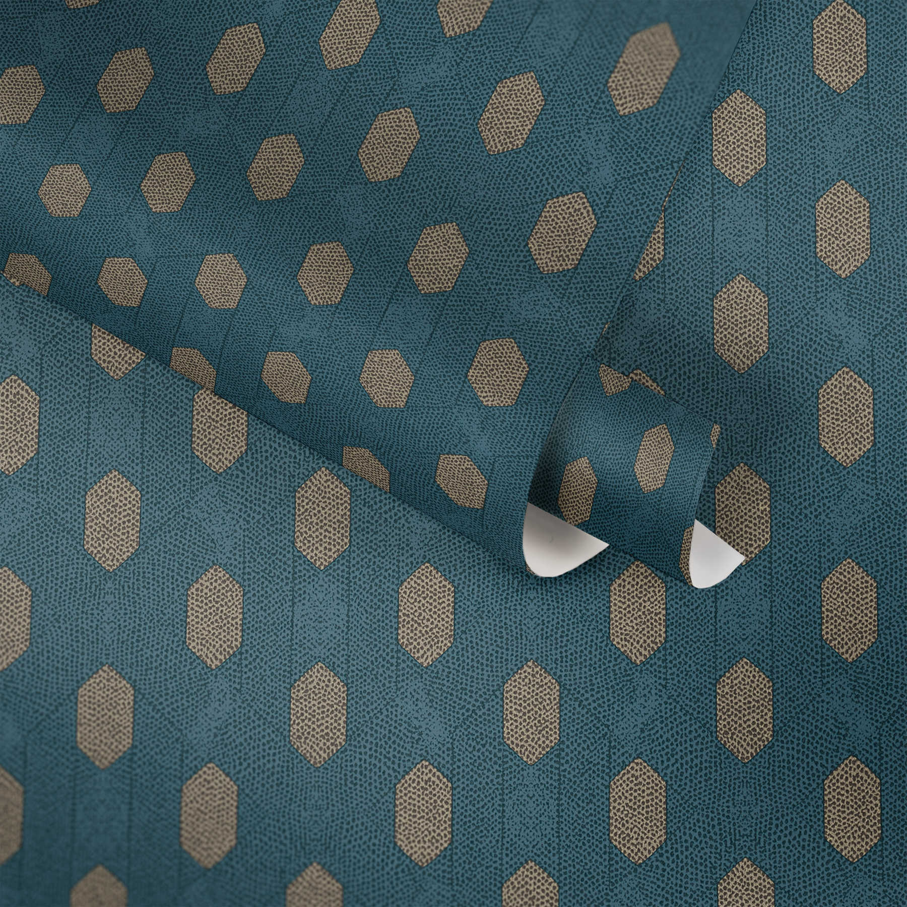             Blue wallpaper with geometric pattern & gold details - blue, brown, beige
        