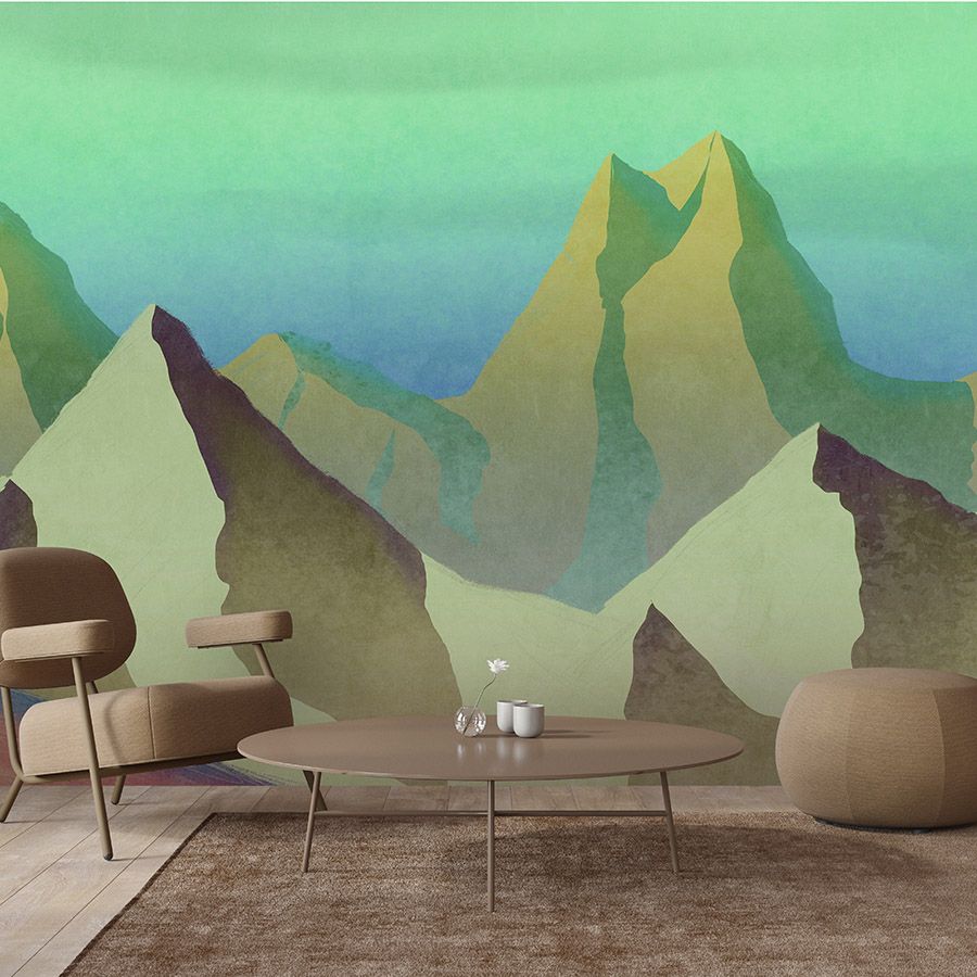 papier peint en papier panoramique »altitude 2« - Montagnes abstraites en vert avec structure de plâtre vintage - intissé premium lisse et légèrement brillant
