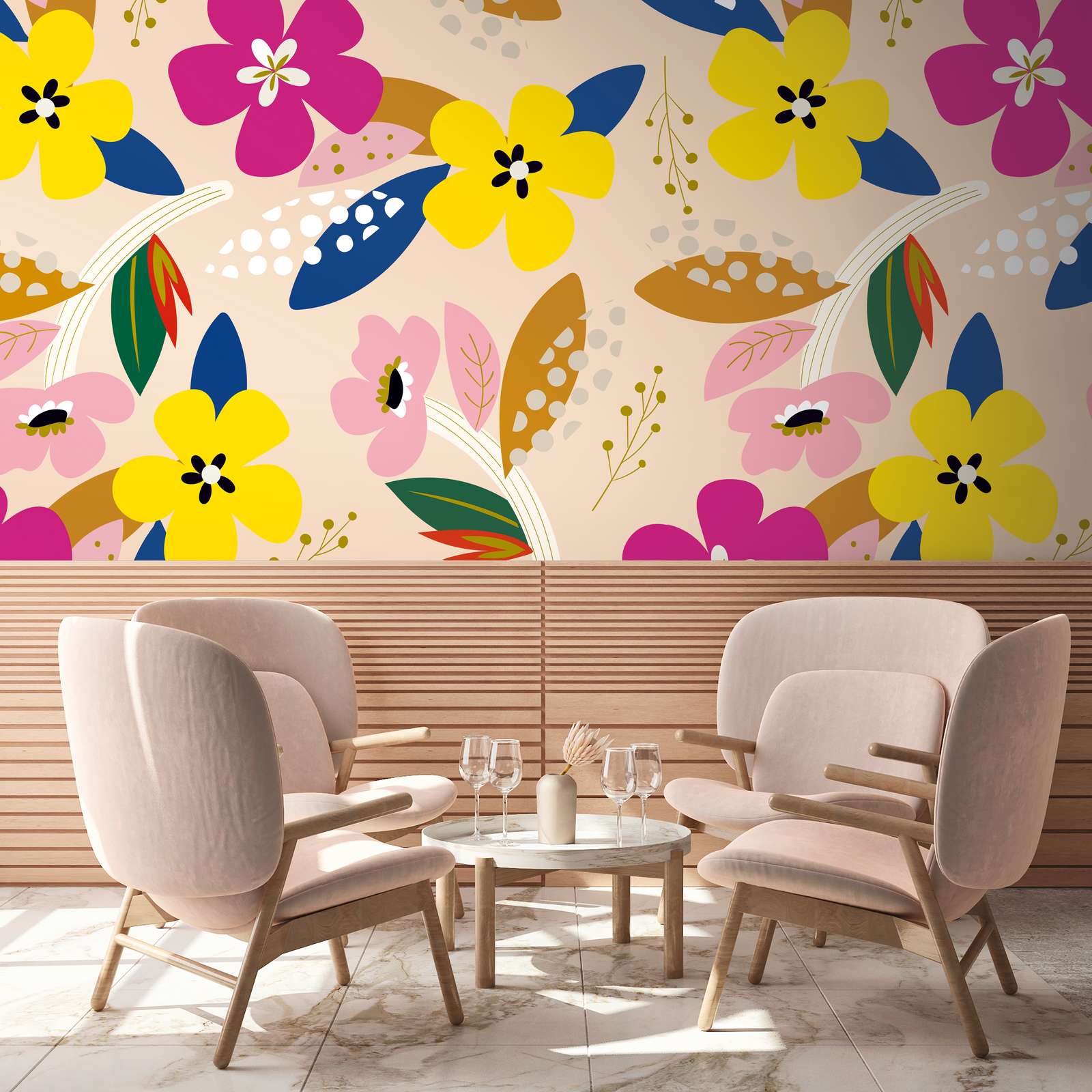             Wallpaper with colourful floral pattern in bold colours - Colourful, beige, yellow
        
