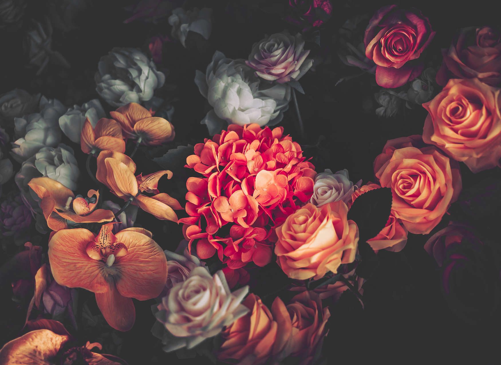             Carta da parati con bouquet di fiori - Rosso, arancione, rosa
        