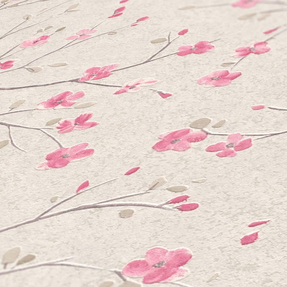             Papel pintado no tejido con diseño de flores de cerezo en estilo asiático - marrón, rosa, blanco
        