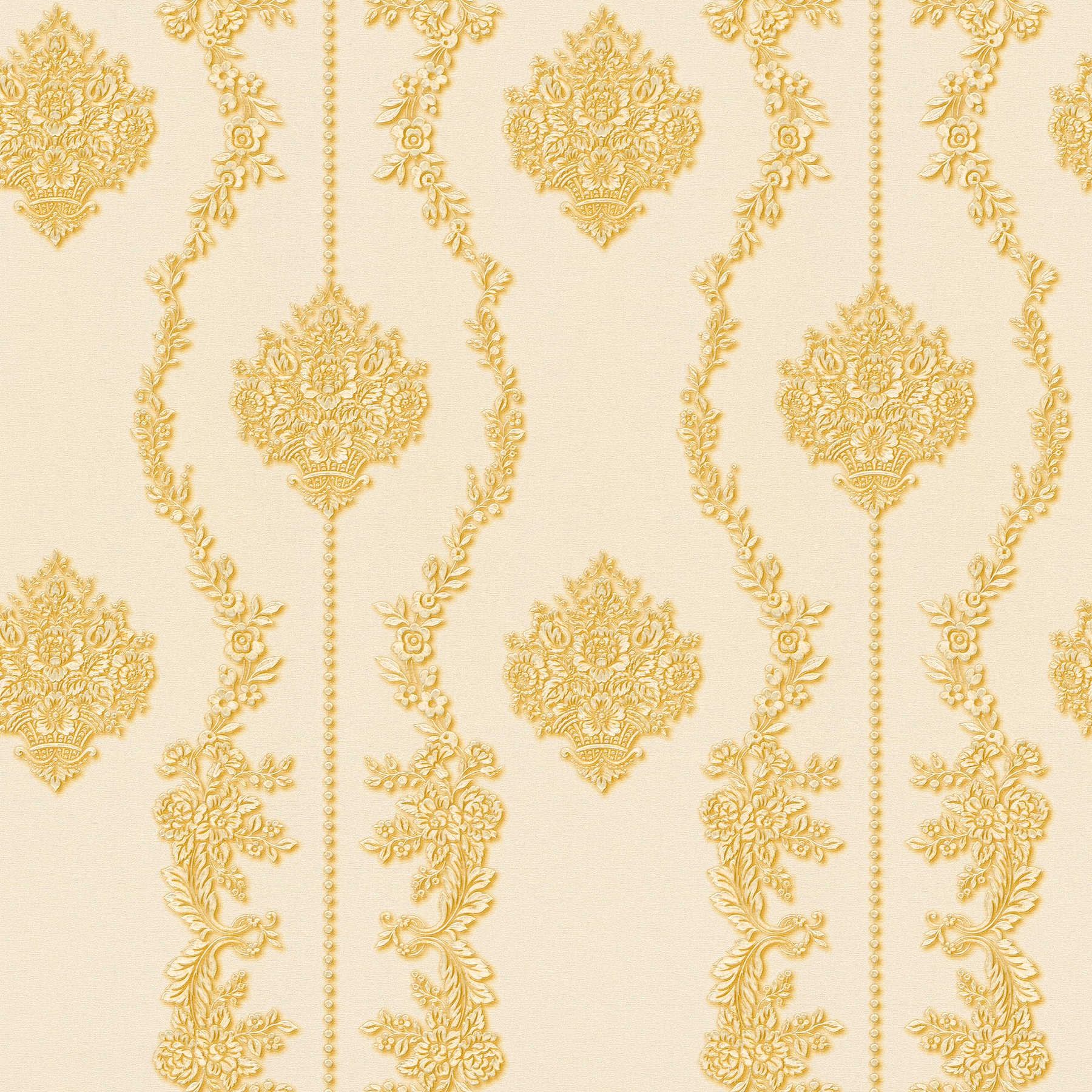 Ornamental wallpaper floral pattern & vines - cream, gold

