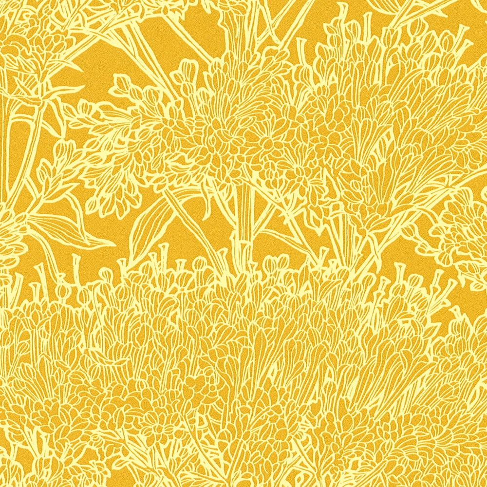             Geel gebloemd behang met lichtgele rand - Geel
        