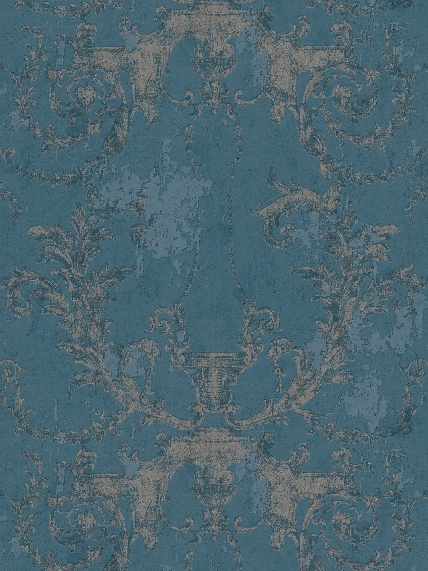 Papier peint ornemental style vintage & rustique - bleu, argenté
