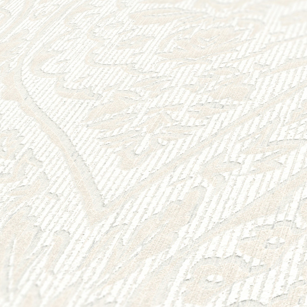             Carta da parati testurizzata con motivi ornamentali floreali in stile coloniale - bianco
        