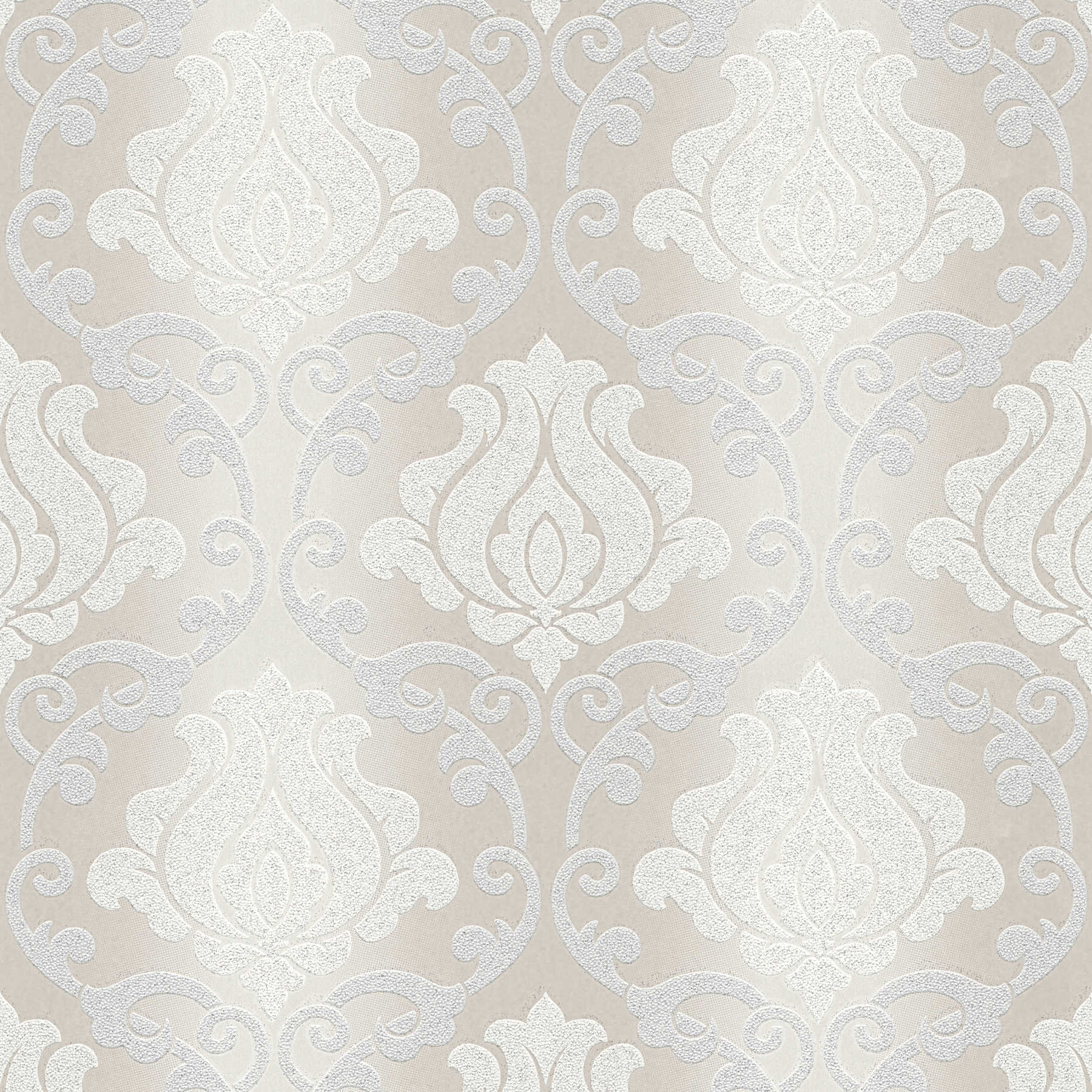 Glitter wallpaper with baroque pattern & metallic effect colours - cream, grey
