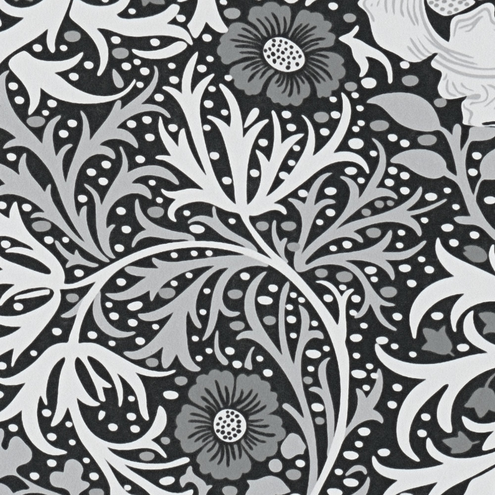             Non-woven wallpaper with floral pattern vines and flowers - white, black, grey
        