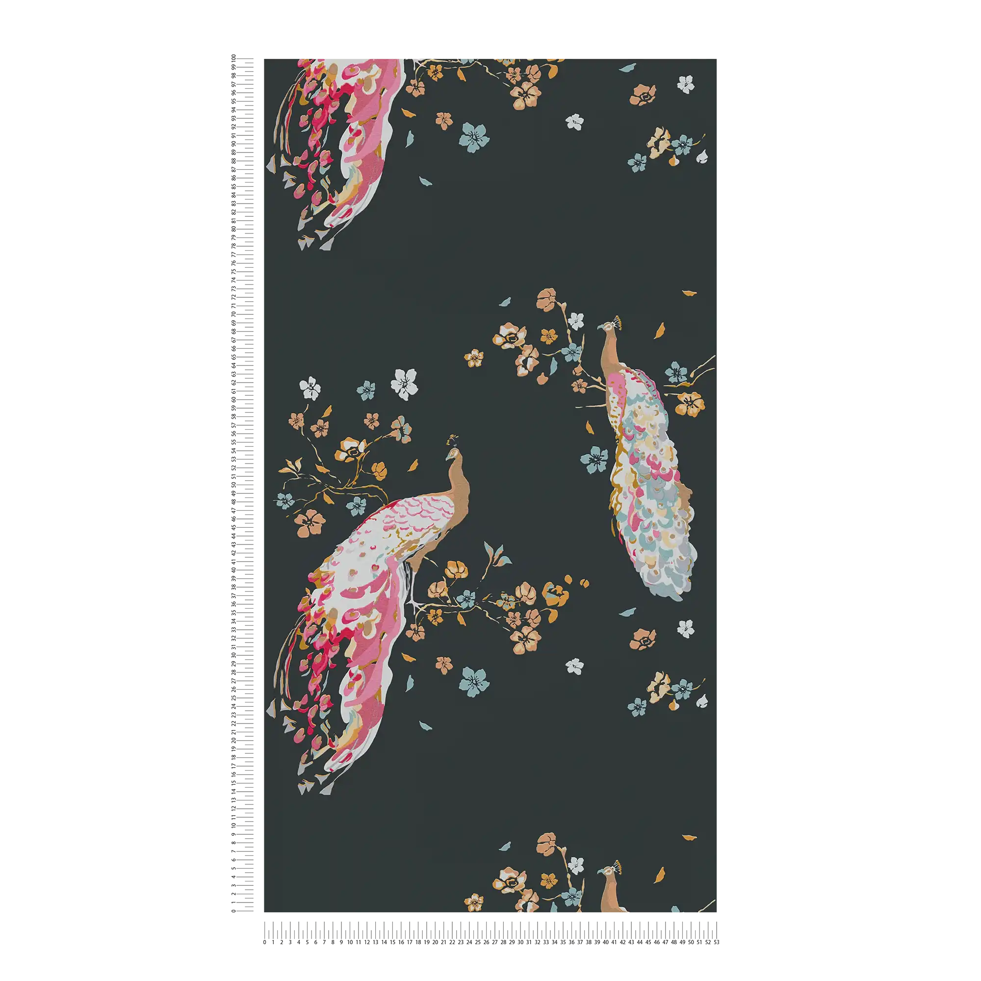             Non-woven wallpaper with peacock pattern with gloss & texture - black, gold, colourful
        