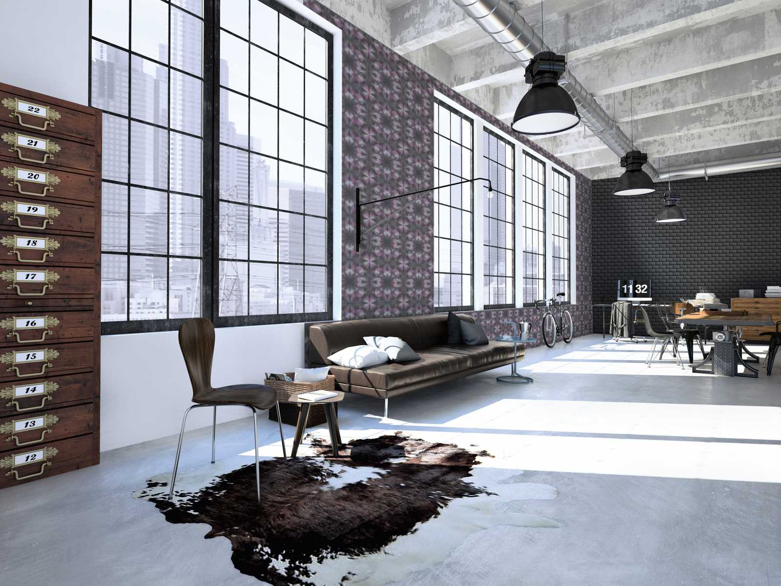             Designbehang met betonlook & grafisch patroon - paars, grijs, zwart
        