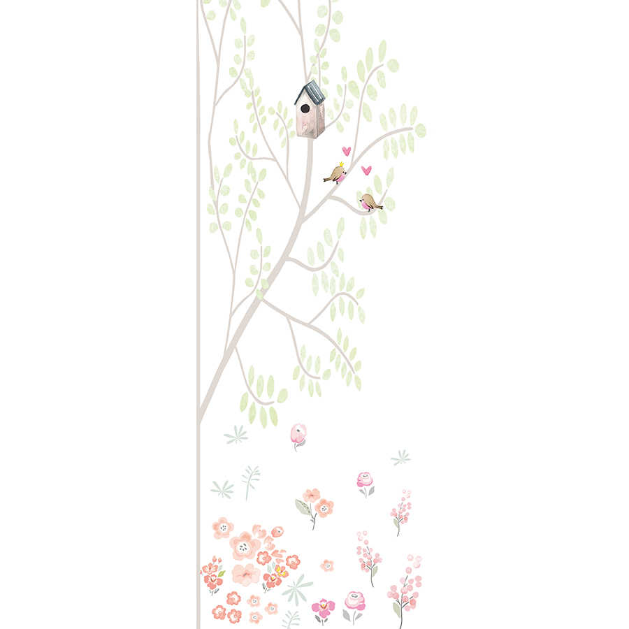 Children mural tree with birdhouse in green and pink on mother of pearl smooth nonwoven
