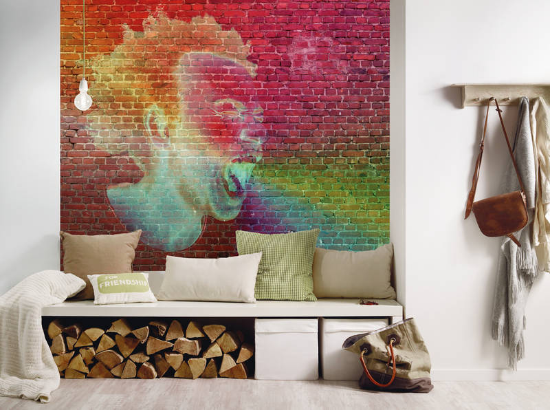             Brick wall mural with graphic design - Colorful, Brown, Pink
        