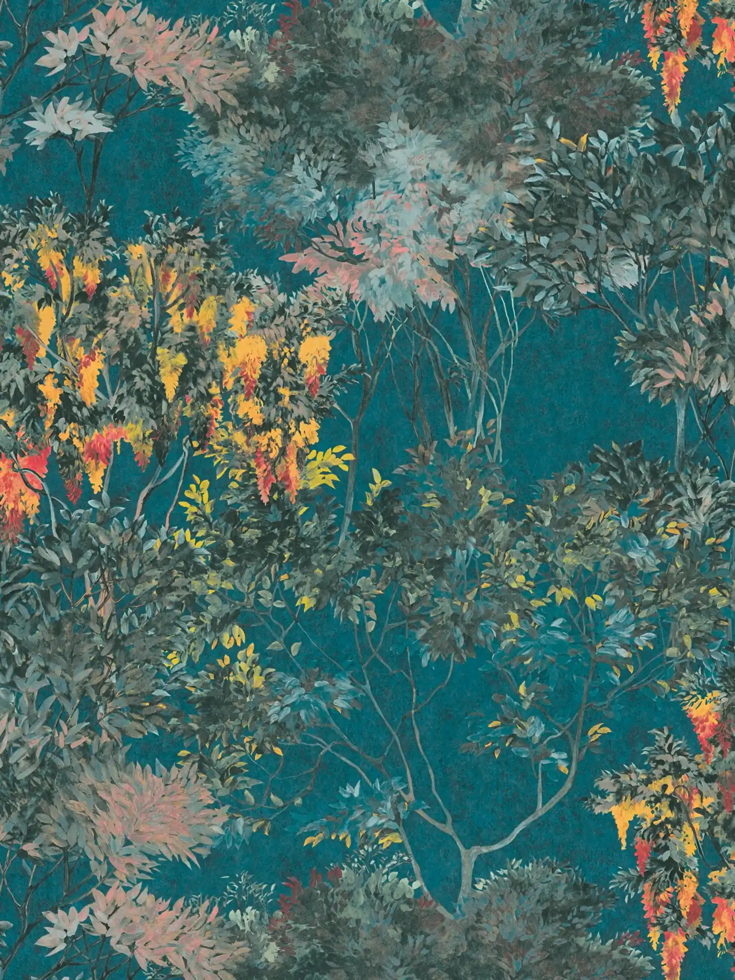 Papier peint jungle avec motifs colorés - multicolore, pétrole, jaune

