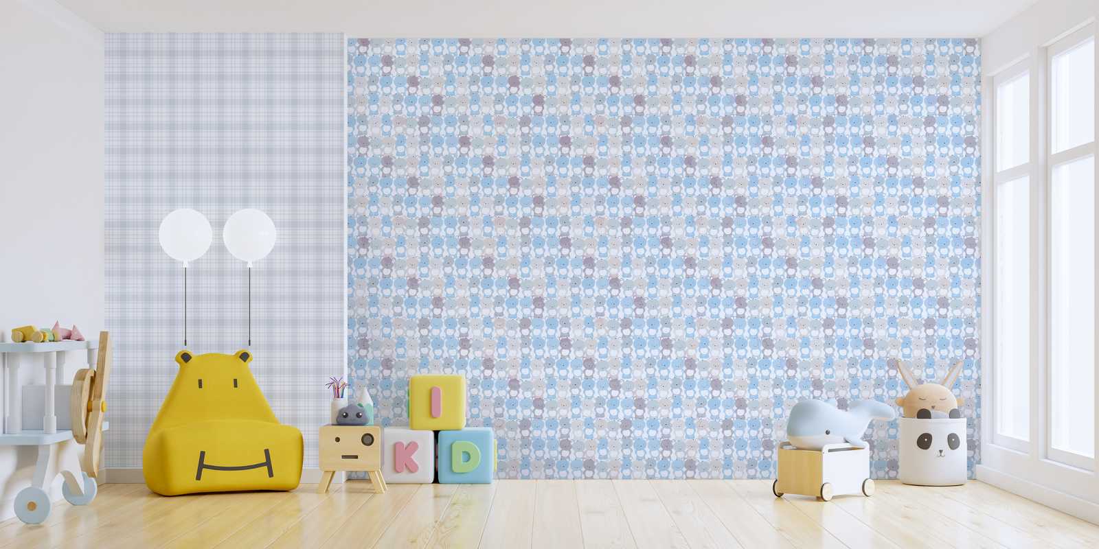             Papel pintado habitación infantil niños a cuadros - azul, gris , blanco
        