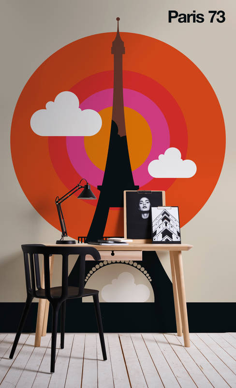             Muurschildering Parijs met Eiffeltorenmotief in retrostijl
        