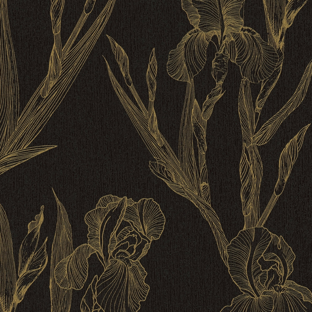             Papel pintado con motivos florales en estilo de dibujo - negro, amarillo
        