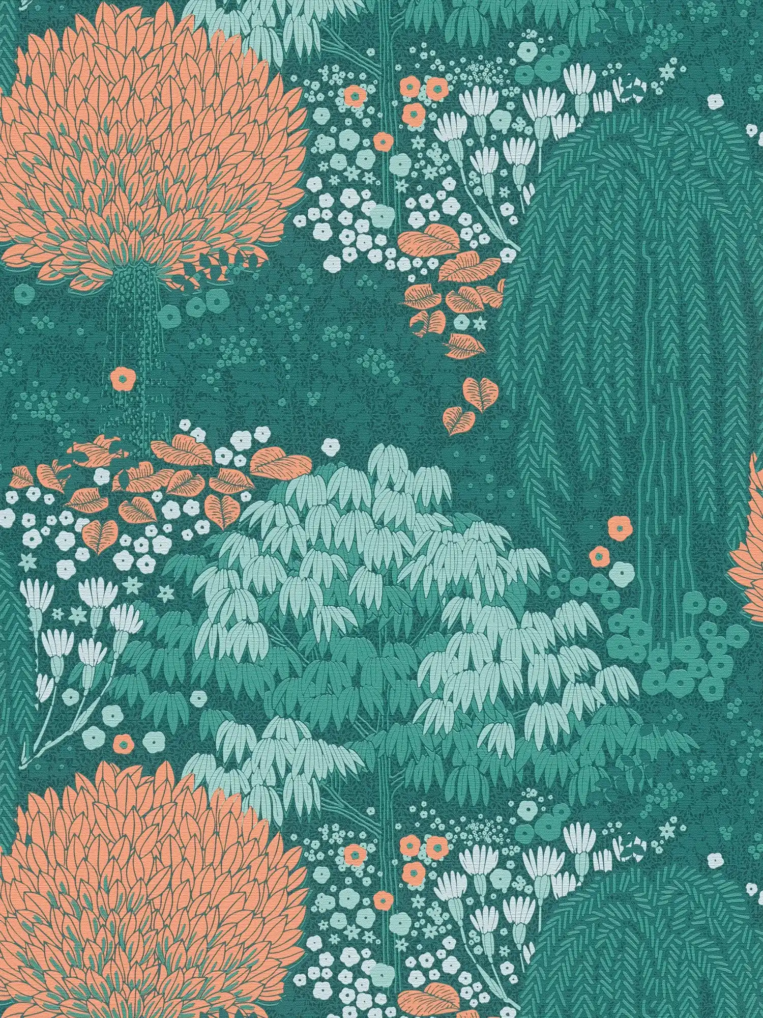 Papel pintado floral con hojas textura ligera, mate - petróleo, naranja, verde
