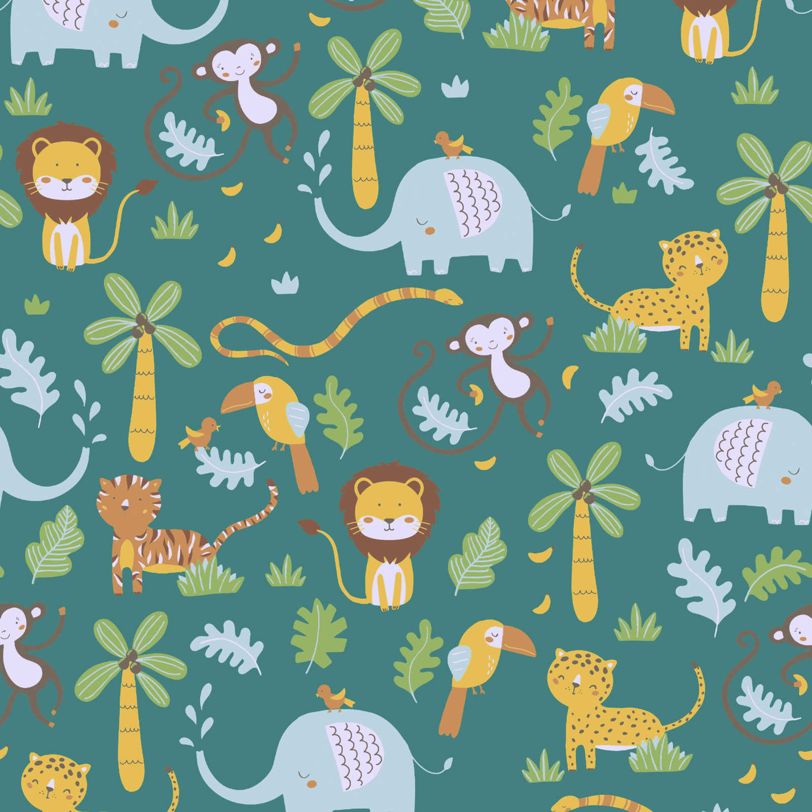 Children wallpaper jungle animals - green, yellow, blue
