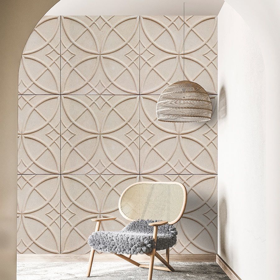 Photo wallpaper »circulus« - Circular pattern on tile look with 3D effect - Matt, smooth non-woven fabric
