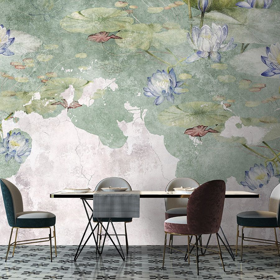 papier peint en papier panoramique »lily« - nénuphars sur fond de structure d'enduit vintage - intissé mat et lisse
