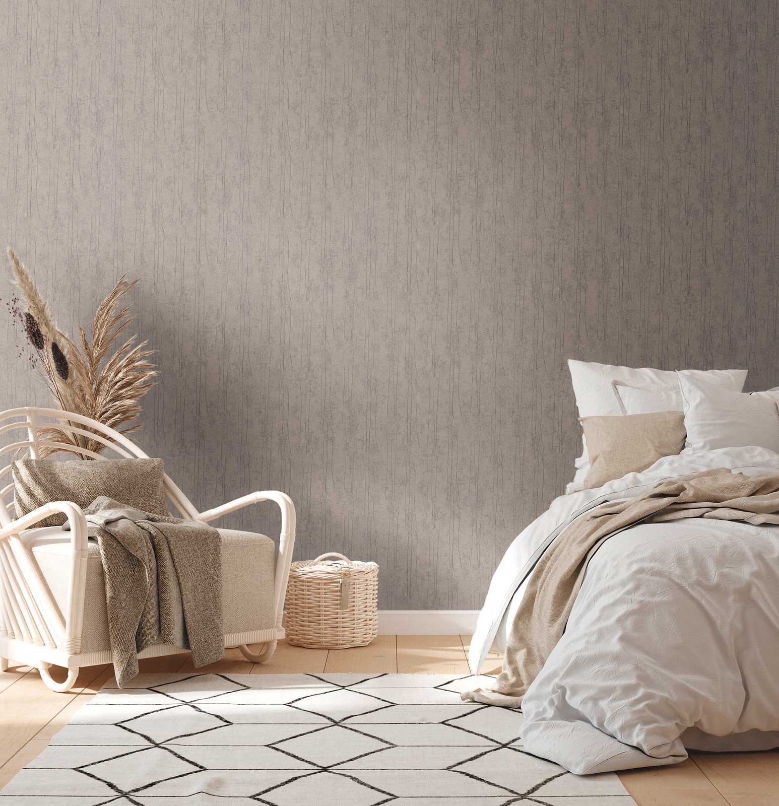             Papel pintado gris no tejido con diseño de naturaleza en estilo escandinavo
        