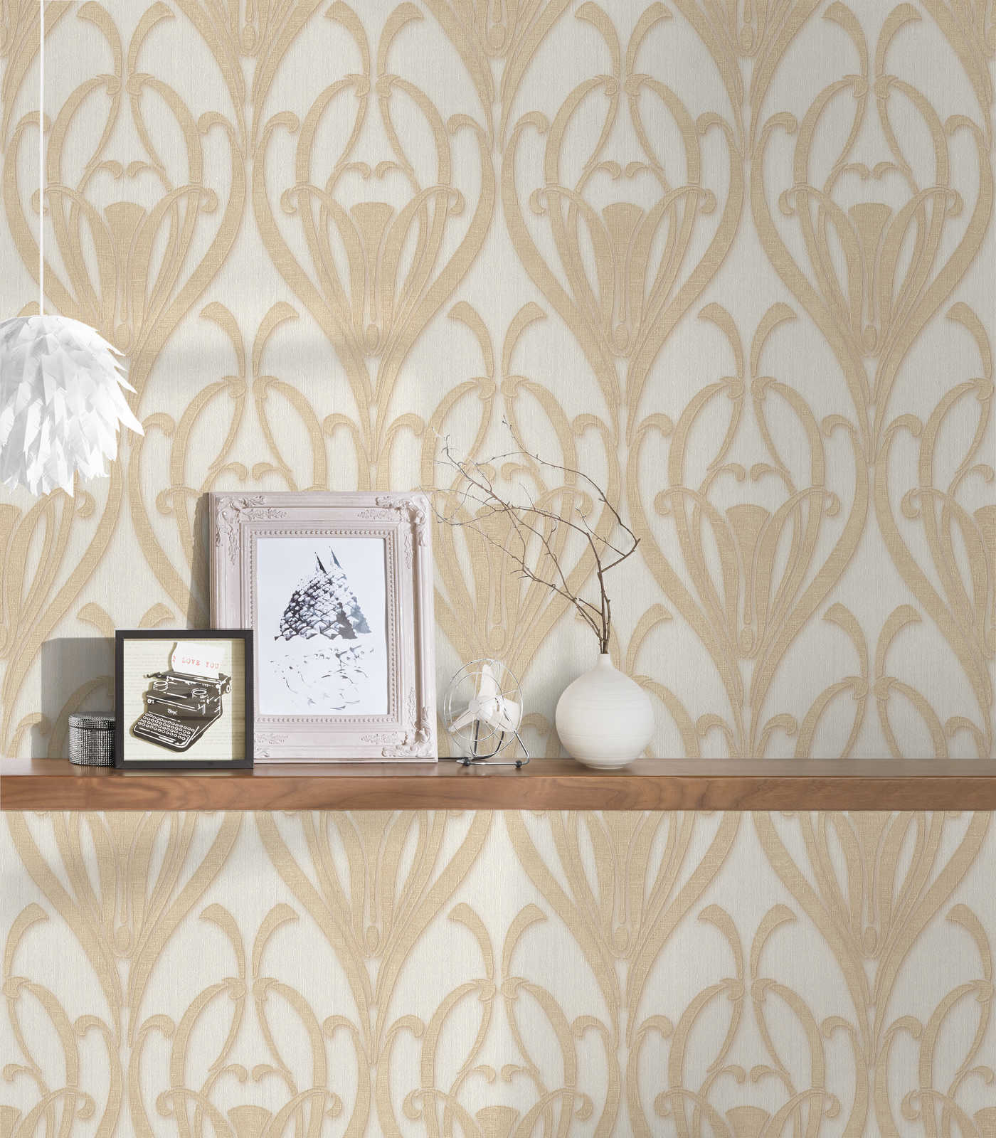             Art Deco wallpaper with golden pattern & textile texture
        