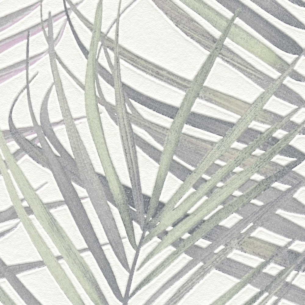             Carta da parati in tessuto non tessuto con foglie di palma opaca - grigio, verde, bianco
        