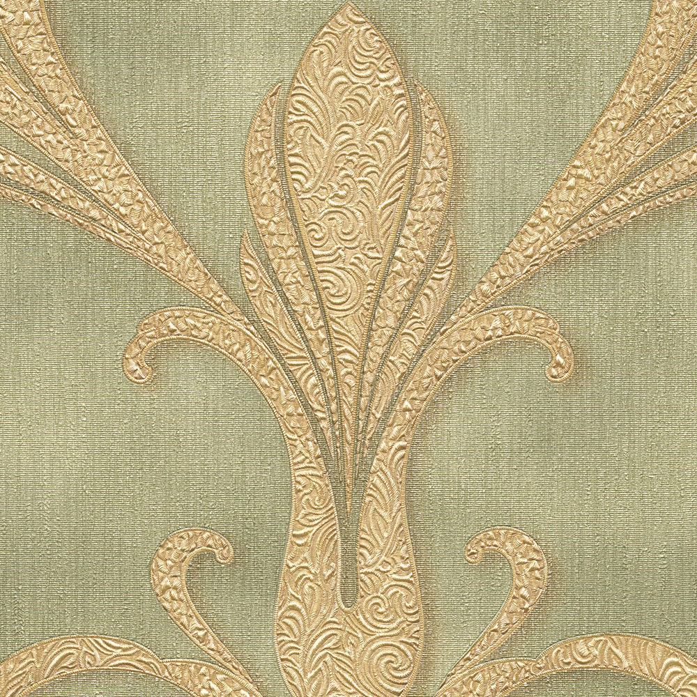             Ornament wallpaper filigree design - green, metallic
        