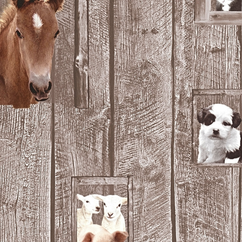             Papierbehang boerderijdieren met houtlook - veelkleurig
        