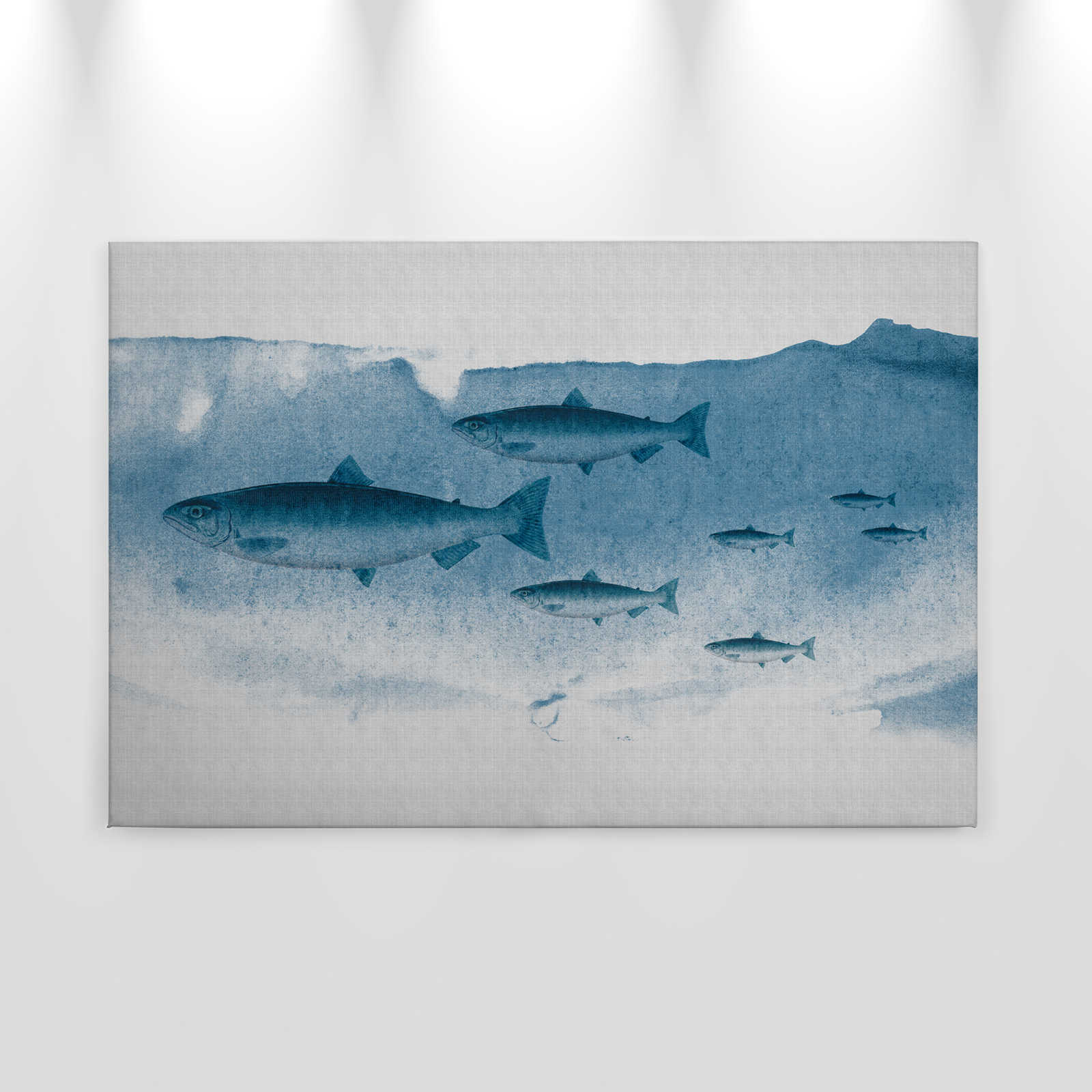            Into the blue 1 - Pesce acquerellato in blu come quadro su tela in struttura di lino naturale - 0,90 m x 0,60 m
        
