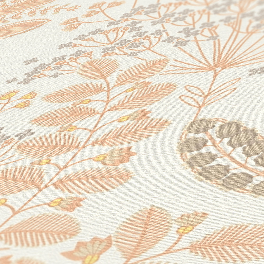             Floral wallpaper with leaves in retro style slightly textured, matt - white, orange, yellow
        
