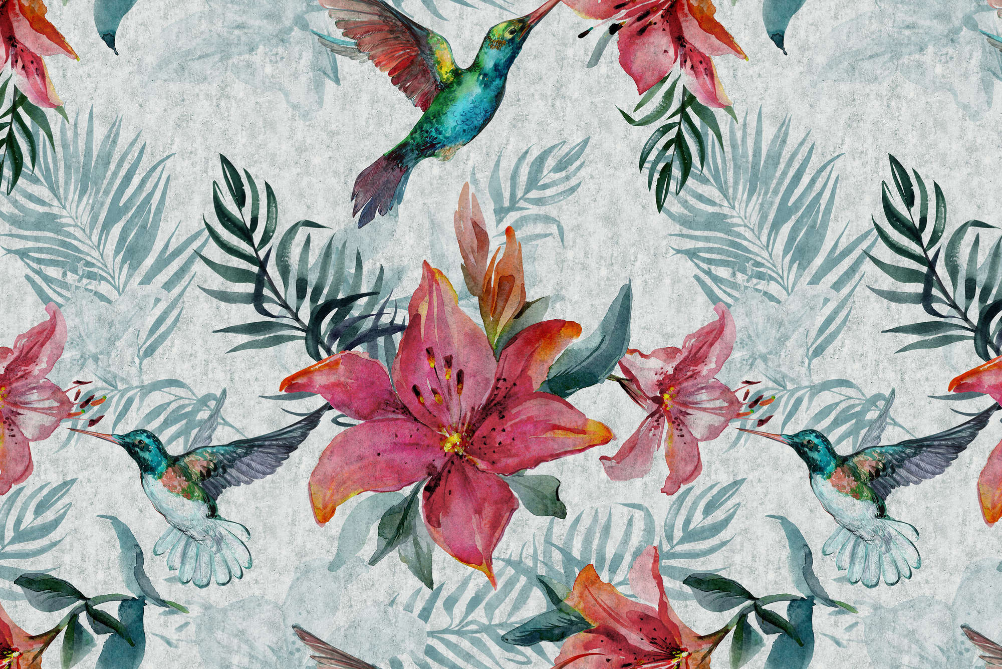             Papier peint graphique jungle fleurs avec oiseaux sur mat intissé lisse
        