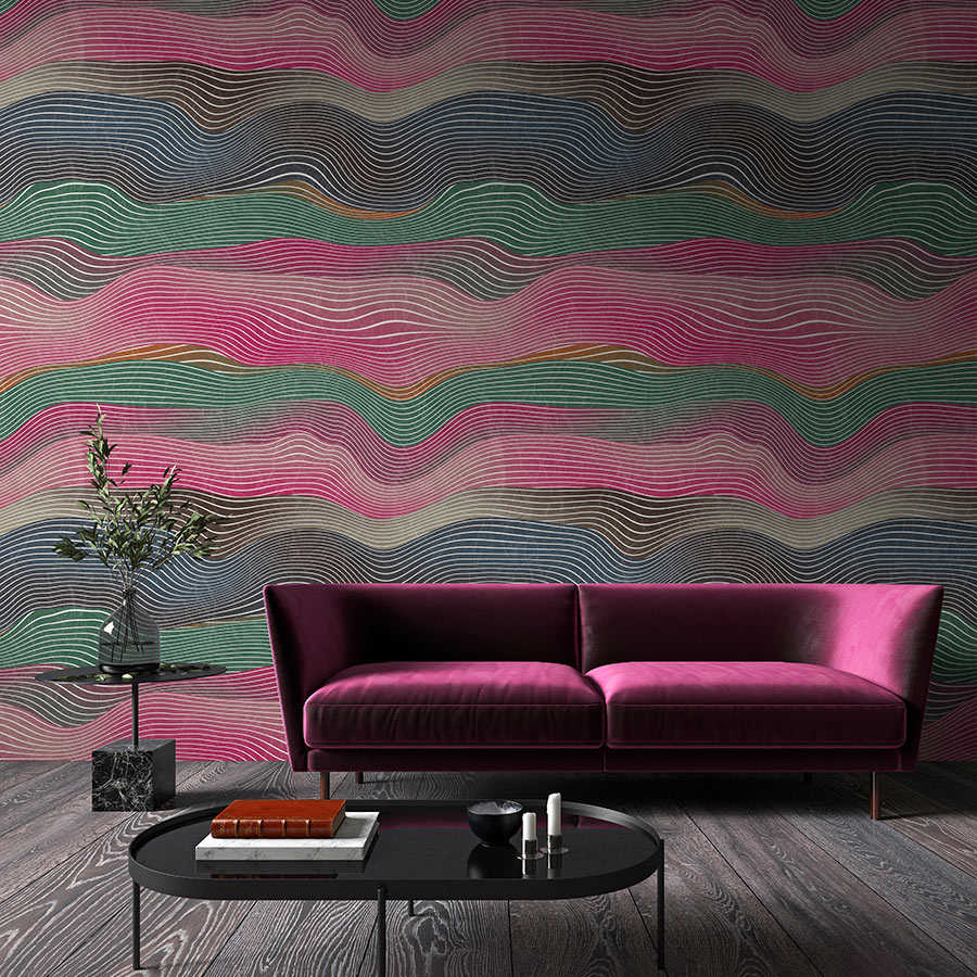 Ruimte 1 - Muurschildering Golven Patroon Roze & Groen Retro Stijl
