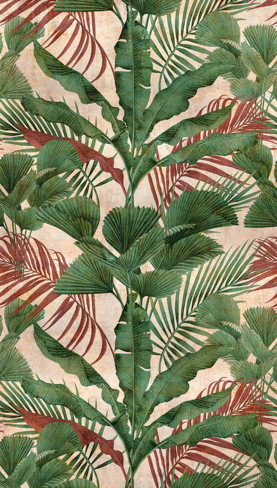             Papel pintado selva con plantas tropicales - verde, beige, rojo
        