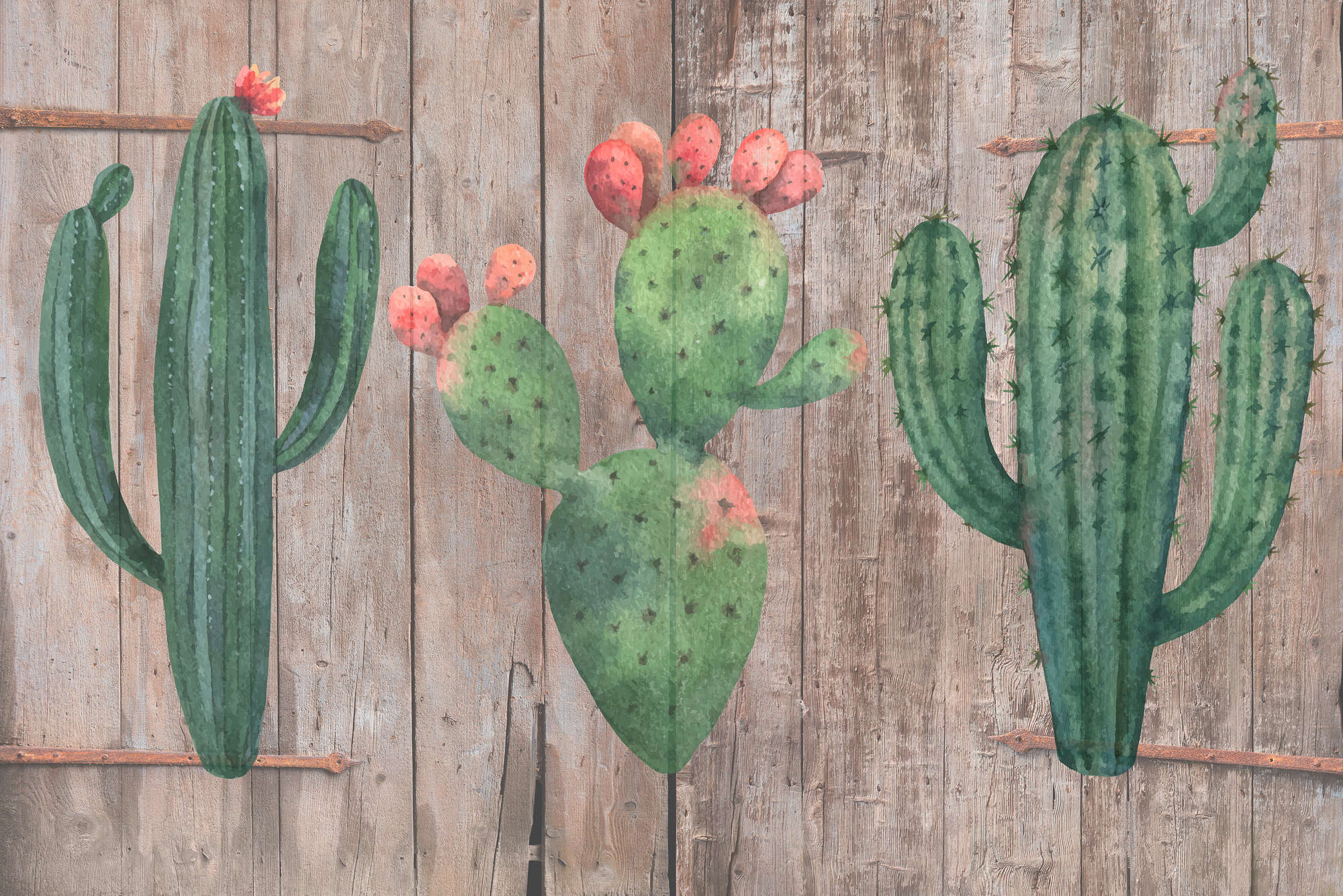             Papel pintado gráfico Valla de madera con dibujos de cactus sobre vellón texturizado
        