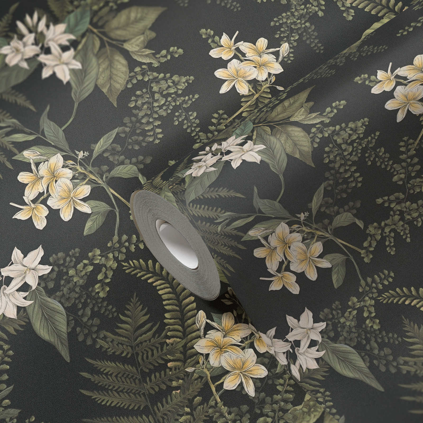             papier peint moderne floral avec fleurs & herbes structuré mat - noir, vert foncé, blanc
        