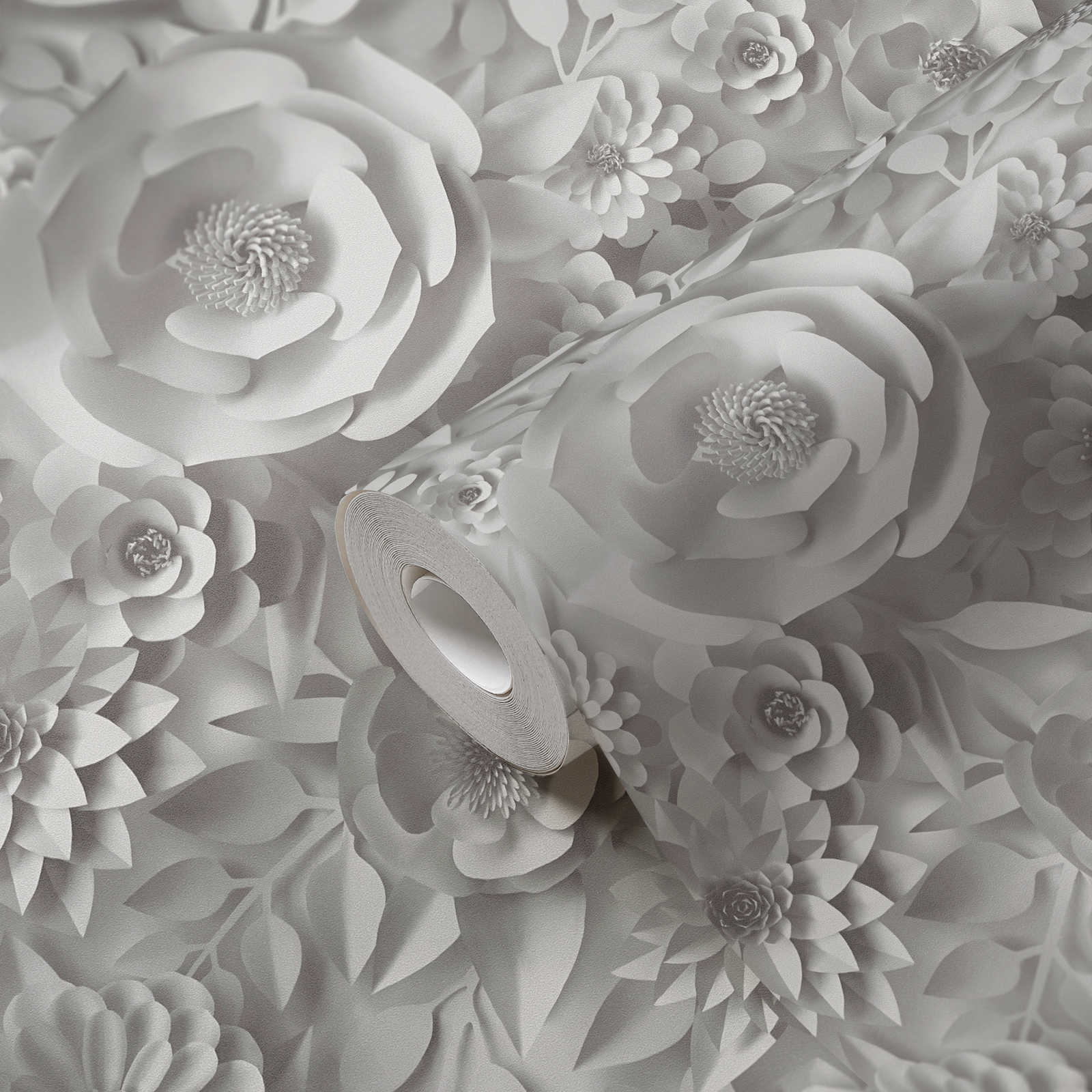             Carta da parati 3D con fiori di carta, motivo grafico floreale - Bianco
        