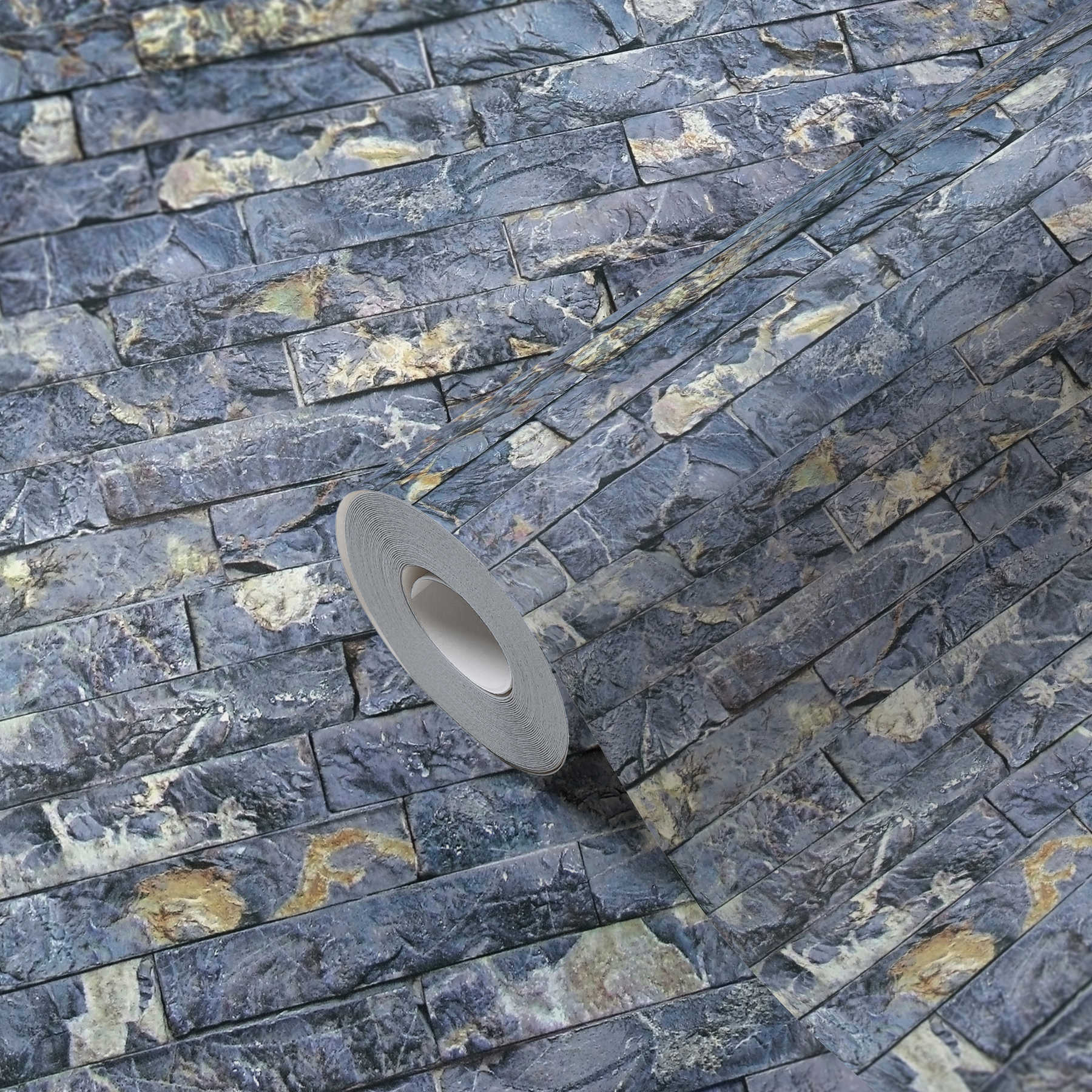             Papier peint imitation pierre avec maçonnerie 3D Quartz - bleu, gris
        