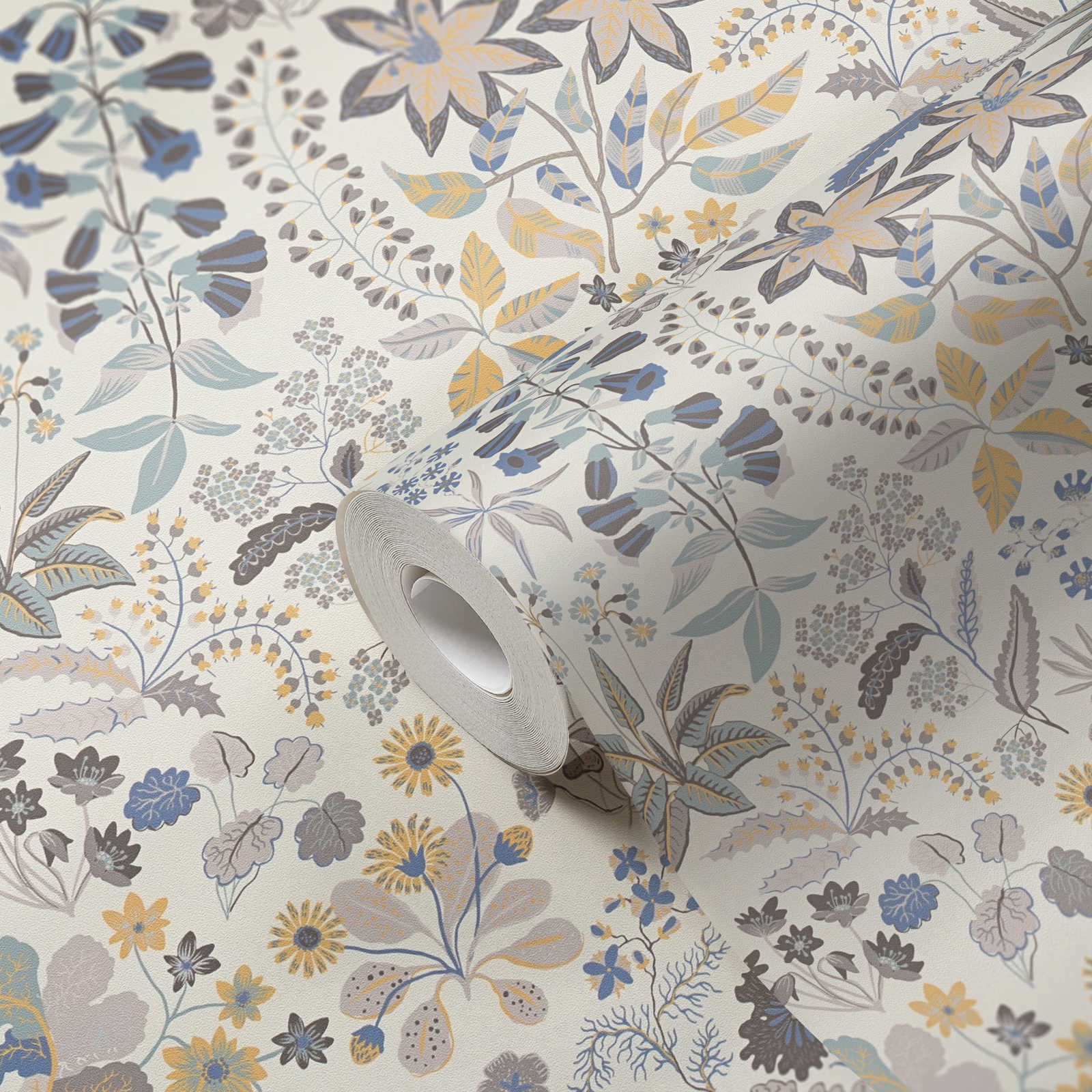             Vliesbehang met gedetailleerd bloemenpatroon - grijs, blauw, crème
        