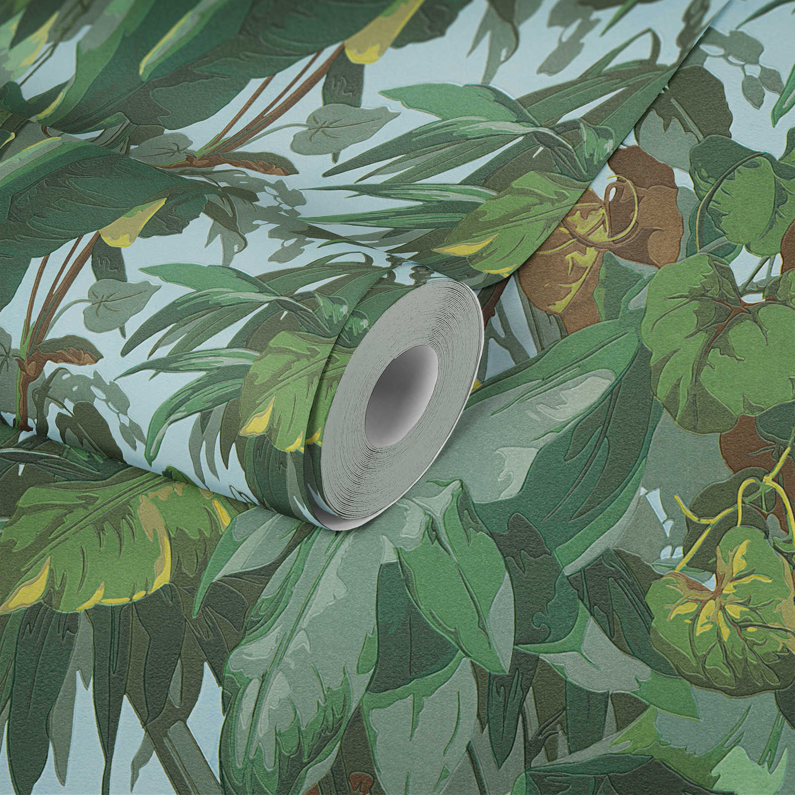             Papier peint jungle avec forêt de feuilles & fourrés verts - vert, marron
        
